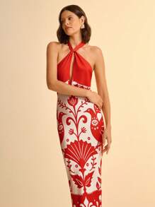 CAJUNI Damen Boho Orange & Weiß Tropischer Vogel & Blumendruck Twist Gestricktes Bodycon Urlaubskleid, Lässiges Sommer Blumendruck Sonnenkleid, Cut Out