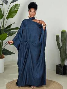Maweii Plus Size Women Solid Color Elegant Batwing Sleeve Faux Denim Maxi Dress - Blue - View 3