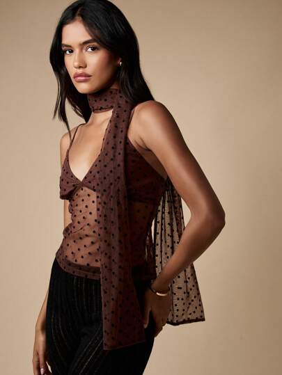 MISSGUIDED Polka Dot Pattern Sheer Cami Top With Neck Scarf