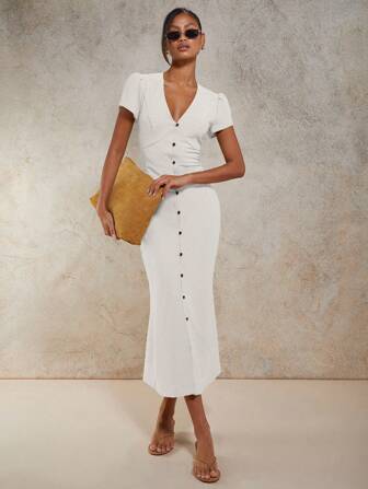 COSMINA Damen V-Ausschnitt Single-Breasted Rüschenärmel Midi-Kleid, eleganter Sommer