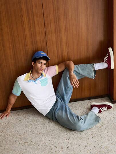 SWAVVY Camisa tipo polo urbana de moda de los 90 para hombre con botones a medio abrir, detalles de bolsillo en bloque de color de algodón, regalo para el novio