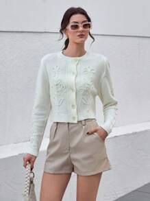 EURMUSE Kardigan z aplikacją kwiatową, zapinany na guziki, z okrągłym dekoltem i miękką dzianinową fakturą