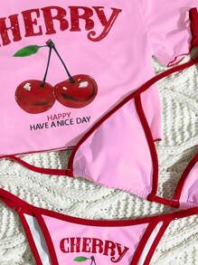 Swim Mod 3pcs Women Summer Beachwear Set: Cherry & Letter Graphic Spaghetti Strap Bikini Set With Sheer Mesh Chiffon Loose Cover Up T-Shirt Top