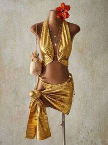 SHEIN ICON Set de 3 trajes de baño sin espalda con recubrimiento para mujer, atuendos para el 4 de julio - Dorado - Ver 1