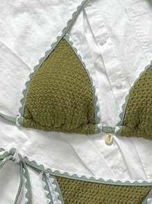 Swim Vcay 女士夏季沙滩两件套比基尼套装，纯色提花面料，流苏和肩部系带细节 - 綠色 - 查看 4