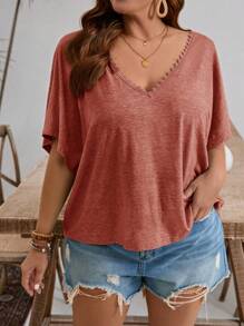 SHEIN Frenchy 大码纯色短袖T恤，适合夏季的时尚 - 鏽棕色 - 查看 6