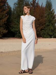 Lumivelle 女士休闲纹理针织修身立领T恤 - 白色 - 查看 5