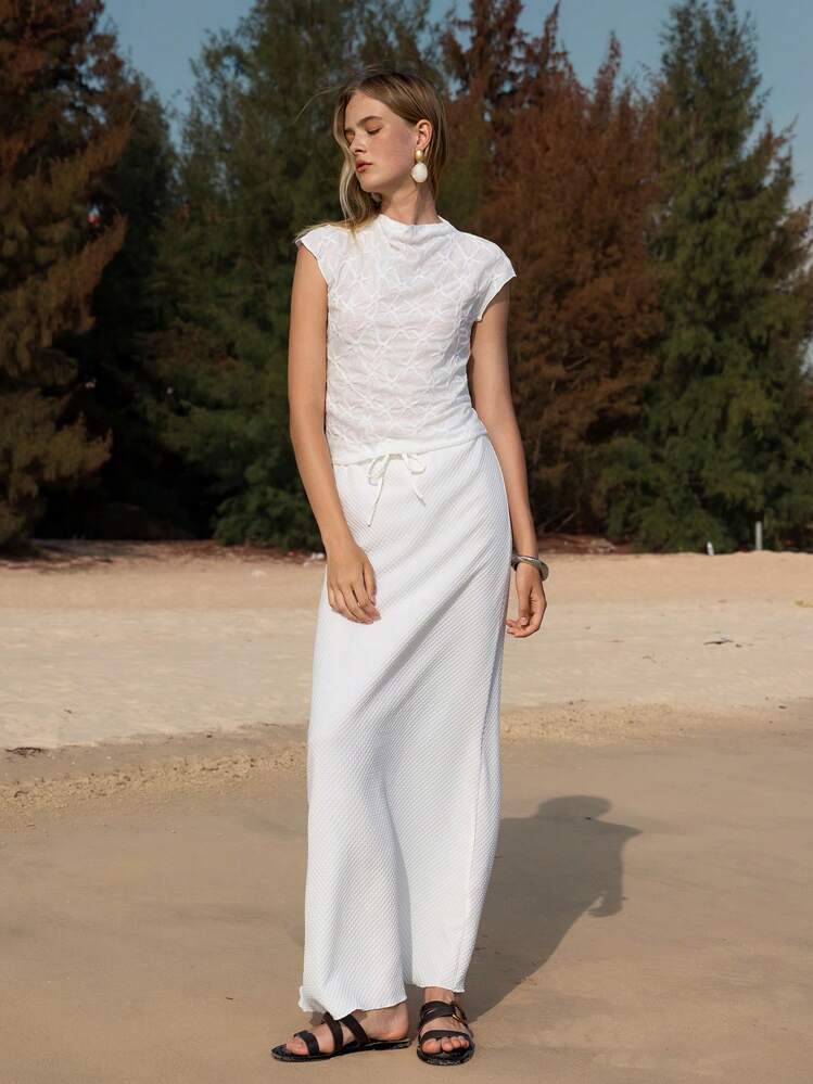 Lumivelle 女士休闲纹理针织修身立领T恤 - 白色 - 查看 5