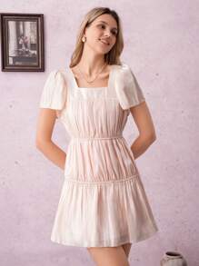 SHEIN Clasi Women's Romantic French Shimmering Cherry Blossom Pink Glossy Textured Square Neck Waist Splice Design Silky Shine Dress - Baby Pink - View 1