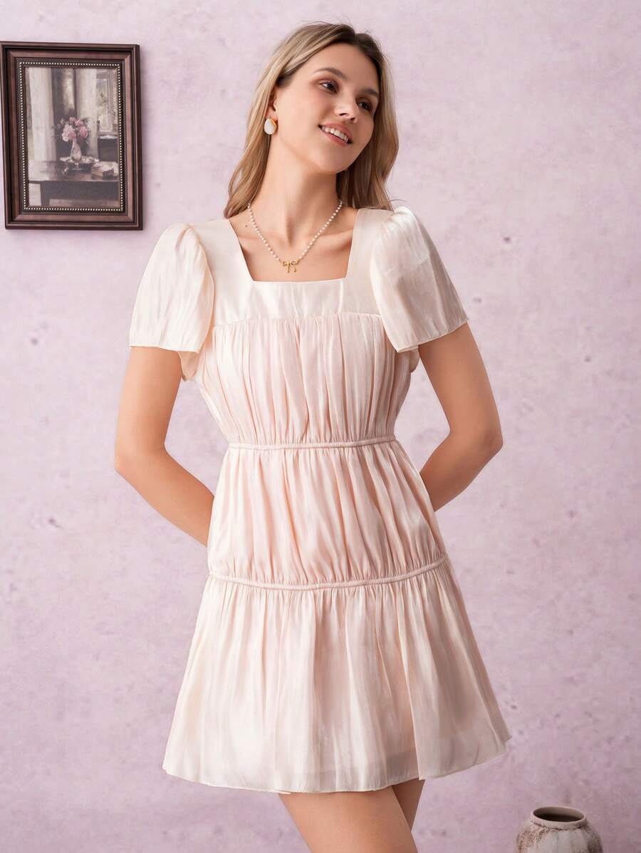 SHEIN Clasi Women's Romantic French Shimmering Cherry Blossom Pink Glossy Textured Square Neck Waist Splice Design Silky Shine Dress - Baby Pink - View 1