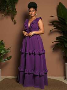 Maweii Plus Size Women Elegant V-Neck Flounce Hem Long Party Dress, Solid Color