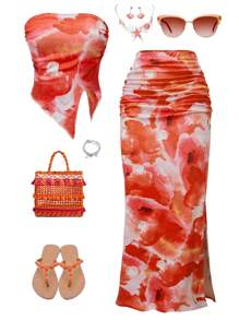 Lunivi 2pcs/Set Floral Print Irregular Hem Cropped Tank Top And Skirt Set, Casual Fashion Beachwear Suitable For Teenage Girls And Beach Parties