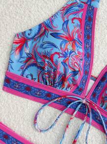Swim Vcay 3 pièces Ensemble Maillot de bain grande taille pour femmes - Top à col noué et rembourré à imprimé floral aléatoire & Jupe bikini à taille cordonné - Multicolore - Voir 5