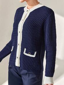 CLARA VERO Women Contrast Hem Detailed Front Button Pocket Detailed Navy Cardigan - Navy Blue - View 8