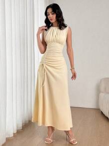 Firerie Women's Elegant Apricot Solid Color Round Neck Short Sleeve Pleated Waist Drawstring Casual Maxi Dress, Suitable For Summer Commute And Daily Wear, Business Casual Ladies' Easter Dress, Dignified,Graduation,Teacher Outfits For Women,Teacher Dress - Apricot - View 3