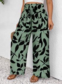 SHEIN Frenchy بنطلون كاجوال فضفاض بطبعة ورقية مناسب للمقاسات الكبيرة، مناسب للصيف - أخضر - مشاهدة 5