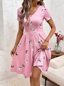 SHEIN Clasi V-Neck Button Red Polka Dot Waist Cinched Women Dress,Spring Clothes,Valentine's Day Dress,Dresses For Women Summer - Pink - View 5