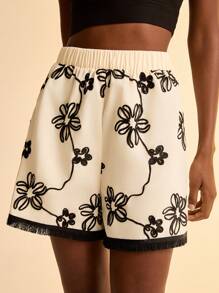CAJUNI Women's Vacation Beach Casual Embroidered Flower Pattern Fringes Hem Shorts - Multicolor - View 1