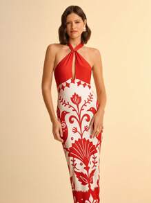 CAJUNI Damen Boho Orange & Weiß Tropischer Vogel & Blumendruck Twist Gestricktes Bodycon Urlaubskleid, Lässiges Sommer Blumendruck Sonnenkleid, Cut Out