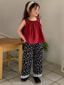 DAZY Young Girl Square Neck Red Tank Top & All-Over Print Pockets Pants Set,Girls Summer Outfits - Red - View 3