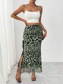 Chiquease Falda elegante de mujer de gasa con estampado de leopardo y cordón en la cintura con abertura