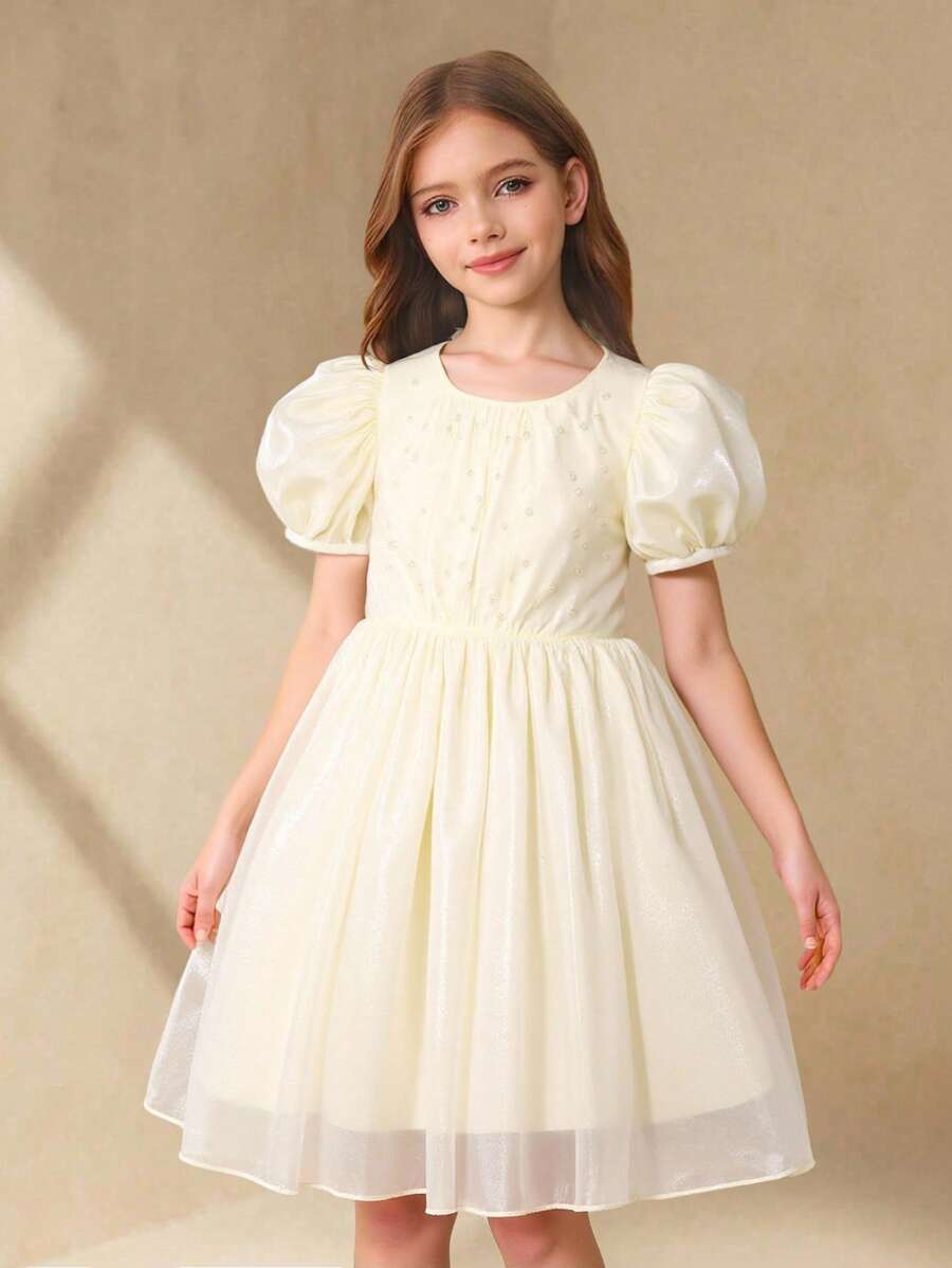 Váy trang trí đính hạt tay bồng màu trơn thanh lịch cho bé gái tuổi mới lớn - trắng - Xem 1