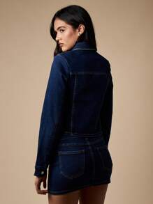 MISSGUIDED Cropped Denim Trucker Jacket Classic Fitted Button Front Long Sleeve Stretch Jean Jacket Retro Western Fashion Fall Winter Spring Outerwear - Blue - View 2