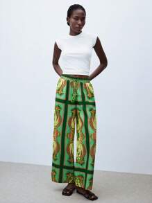 Maija 女式绿色松紧腰抽绳度假风满印花流苏口袋阔腿宽松裤，女式沙滩装，夏季 - 綠色 - 查看 2