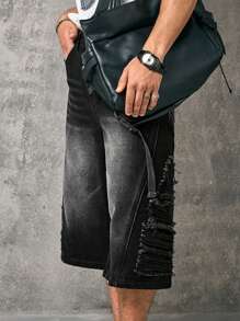 Manfinity LEGND Pantalones cortos vaqueros de hombre casuales lavados de 3/4 de longitud con bolsillos - Negro - Ver 5