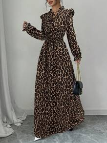 SHEIN PETITE فستان ماكسي طويل ذو استقامة ورفرفة وخصر مربوط طباعة فهد أنيق للمرأة، للربيع والخريف