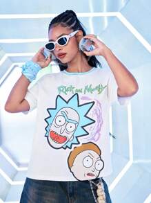 Rick and Morty X SHEIN Áo thun nữ cổ rộng họa tiết hoạt hình vui nhộn tương phản, mùa hè - Nhiều màu - Xem 1