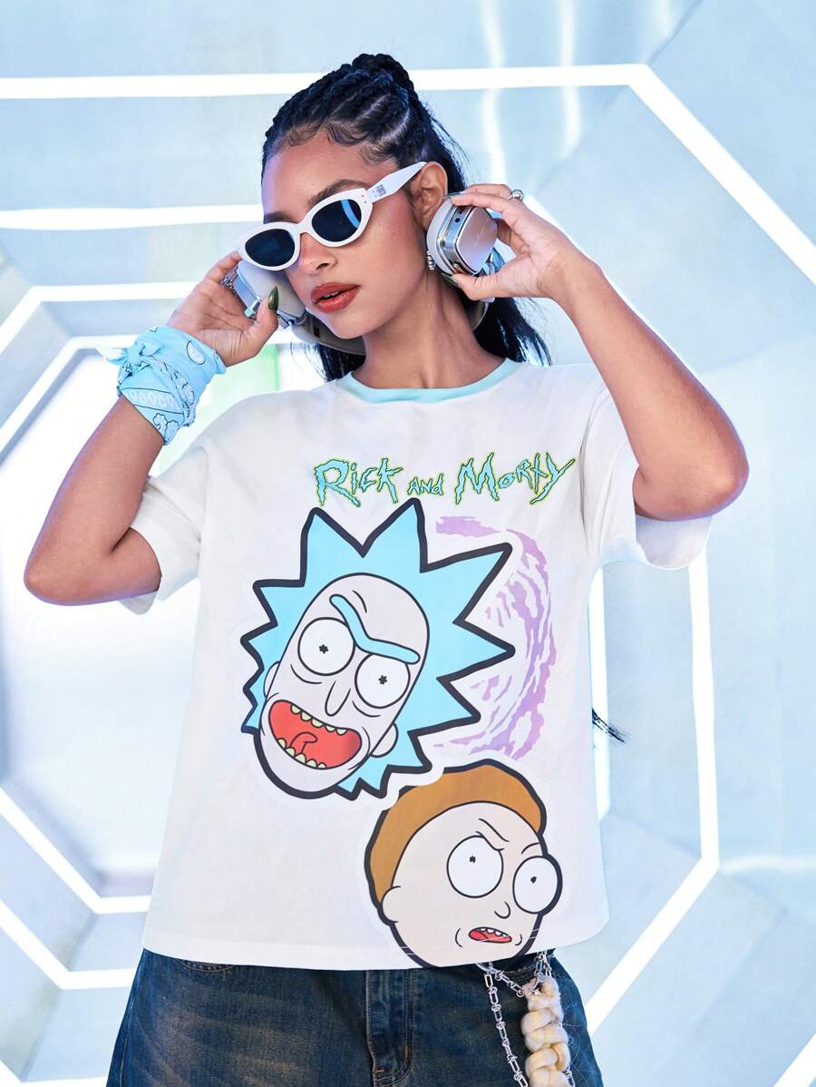 Rick and Morty X SHEIN Áo thun nữ cổ rộng họa tiết hoạt hình vui nhộn tương phản, mùa hè - Nhiều màu - Xem 1