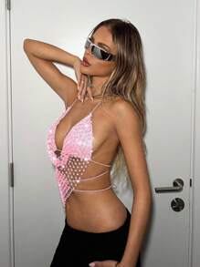 EgrlEra 女士音乐节派对水钻露背吊带上衣 Y2K 适合新年节日派对服装 - 淺粉色 - 查看 5