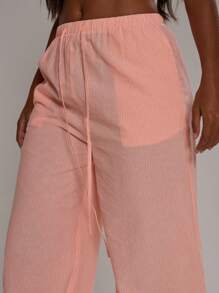 MUSERA Summer Textured Linen Feel Tie Waist Trousers Vacation Holiday Airport Beach Casual - Orange - View 5