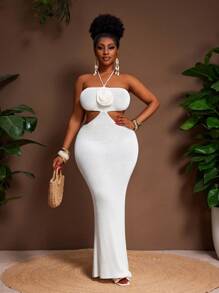 Slaydiva Rochie maxi albă, lungă, mulată, mărime plus, elegantă pentru vacanță, primăvară/vară - alb - Vizualizare 3