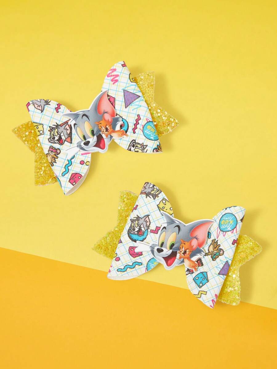 TOM & JERRY X SHEIN 1 件闪亮发饰，适合女士女孩图案皮革蝴蝶结鳄鱼夹可爱印花风车蝴蝶结发夹可爱动物皮革金色闪光蝴蝶结发夹假期节日礼物蝴蝶结发夹女士发饰
