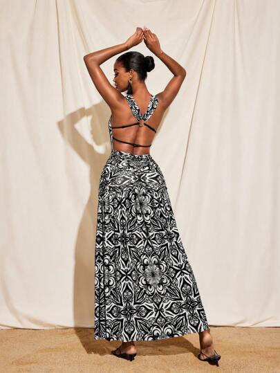 JIAN LASALA Boho All-Over Printed Mesh Deep V Ruched Halter Tied Back With Clear O-Ring Women Vacation Dresses Birthday Date Night Outfits Women