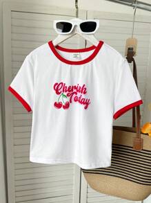 Tween Girls' Casual Fashion Cute Cherry Print Contrast Color Short Sleeve T-Shirt, Spring/Summer