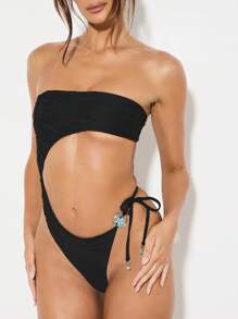 KIZN 抹胸式镂空连体泳衣，搭配绿松石花卉徽章，侧系带，适合海滩泳池，夏季度假沙滩装 - 黑色 - 查看 5