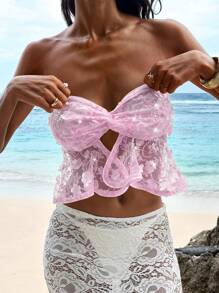 Opulessa Top corto sin tirantes con decoración floral para mujer - Rosa Pálido - Ver 3