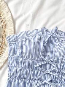 SHEIN Teen Girls Casual Vacation Woven Fresh Blue Tie-Front Stripe Ruched Bandeau Top And Low Waist Drawstring Waist Trousers Two Pieces Set, Suitable For Summer, Street Shooting, Lunch Striped Two Piece Set Two Piece Set Summer Cute Two Piece Sets