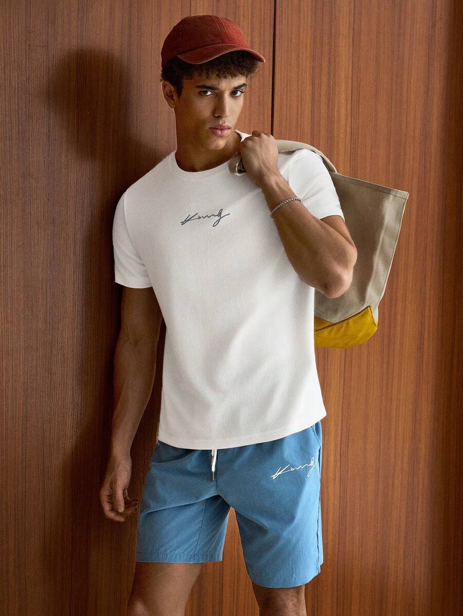 SWAVVY Hombres con estampado de letra Camiseta & de cintura con cordón Shorts