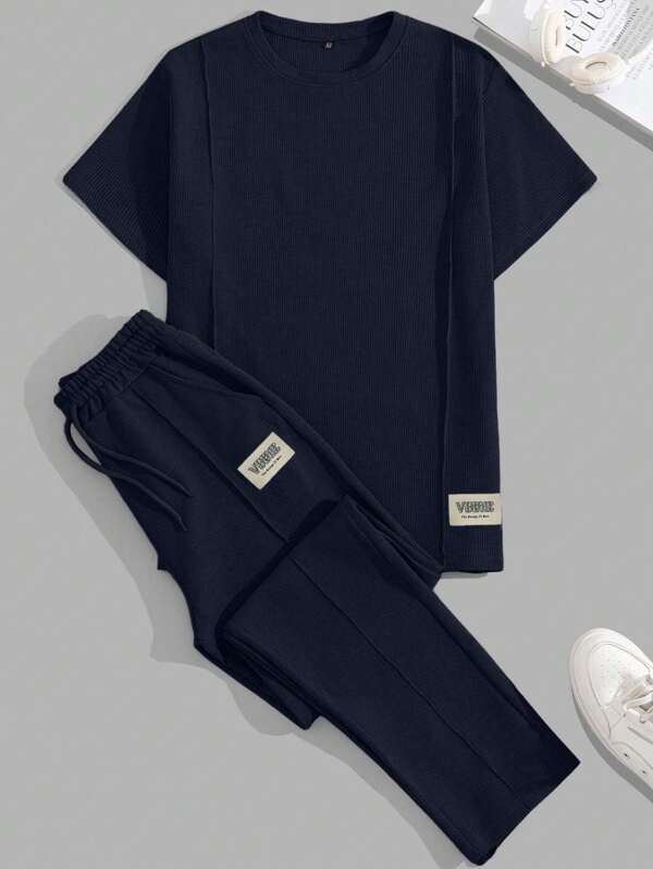 RueChic Cotton Men Patch Detailed With A Label Regular T-Shirt & Pants Two Pieces