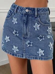 Livesso Gonna estiva da donna con stampa di stelle all-over e ricamo, gonna di jeans casual e carina, pantaloncini di jeans - Blu lavato medio - Visualizzare 7