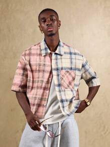 SUMWON Camisa informal de manga corta y dos tonos en estilo de bloques de color a cuadros con botones, para uso casual en primavera y verano, de tela ligera