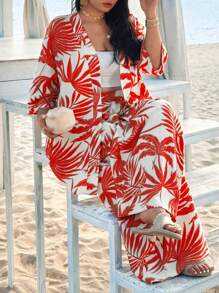 SHEIN VCAY Conjunto de 2 piezas de camisa y pantalón con estampado de hojas, talla grande, adecuado para vacaciones