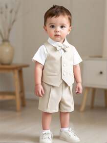 SHEIN 3pcs/Set Baby Boy/Girl Gentleman Suit: White Short Sleeve Shirt T-Shirt, Vest, Shorts/Pants. Gentlemanly Outfit Suitable For Spring/Summer Wear, Home, Outing, Birthday Party, Baptism, 1st Birthday, Ceremony, Wedding Guest, Pageboy, Ring Bearer - Apricot - View 1