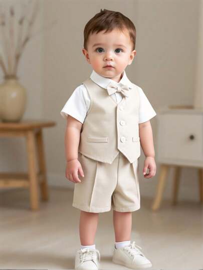 SHEIN Set de 3 piezas de traje de caballero para niño/niña: Camisa de manga corta blanca, chaleco, pantalones cortos/largos. Conjunto elegante apropiado para primavera/verano, para usar en casa, salidas, fiestas de cumpleaños, bautizos, primer cumpleaños, ceremonias, bodas, paje, portador de anillos