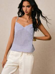 Poéselle Women's Blue And White Stripe Camisole Top,Parisian Chic Striped Suspenders Summer,City Break Vacation Old Money Style Casual Fashionable Top - Blue - View 4