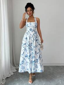 Elenzga Women Summer Vacation Dress, Blue Floral Pattern, Woven Square Neck Backless Sleeveless Fitted Waist Midi Dress - White - View 4
